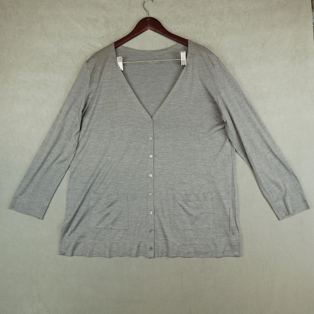 Eileen Fisher Cardigan Sweater Silk Cotton Knit Light Gray XL Pockets V Neck